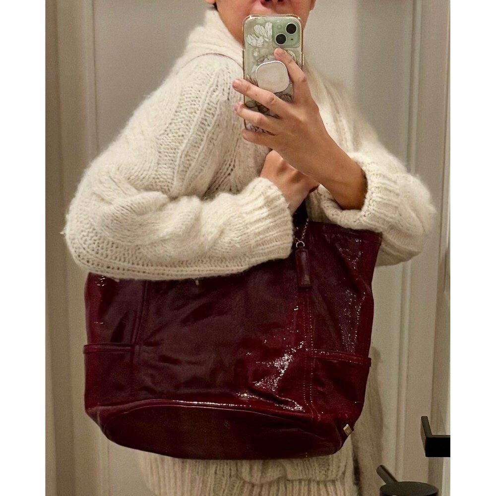 COLE HAAN Dijon Wine Red Patent Leather Side Pocket Totebag 17"L x 6"W x 20"H - Picture 2 of 8